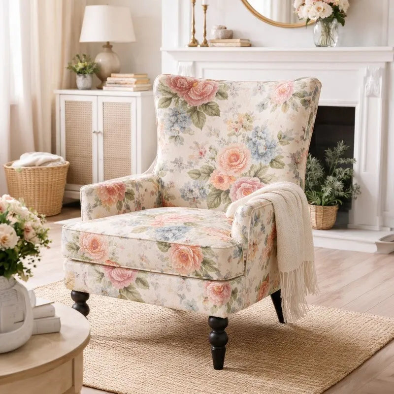 Heritage Pink Floral Teak Wood & Velvet Lounge Chair media 1