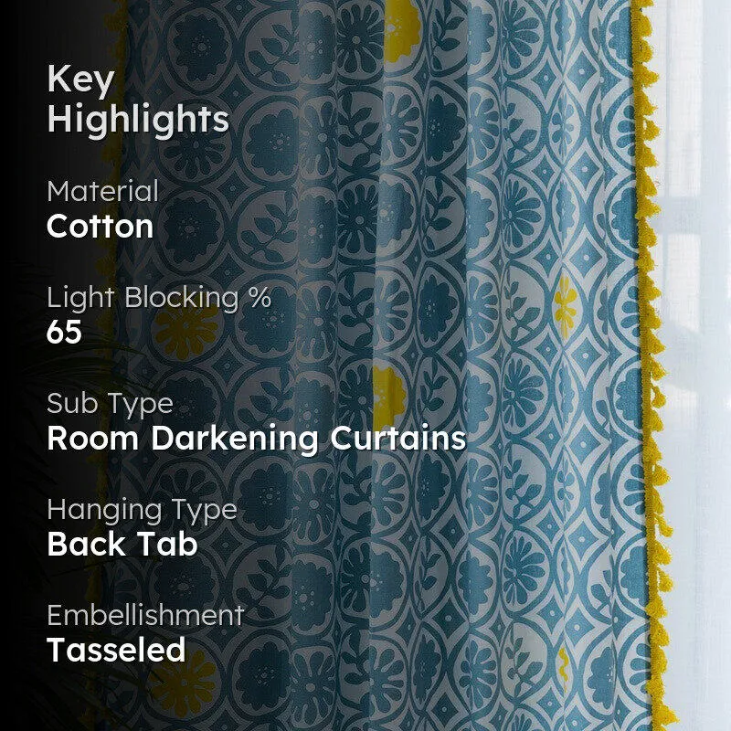 Tranquebar Home Bloom Haven Cotton Curtains(Blue) - Set Of Two media 2