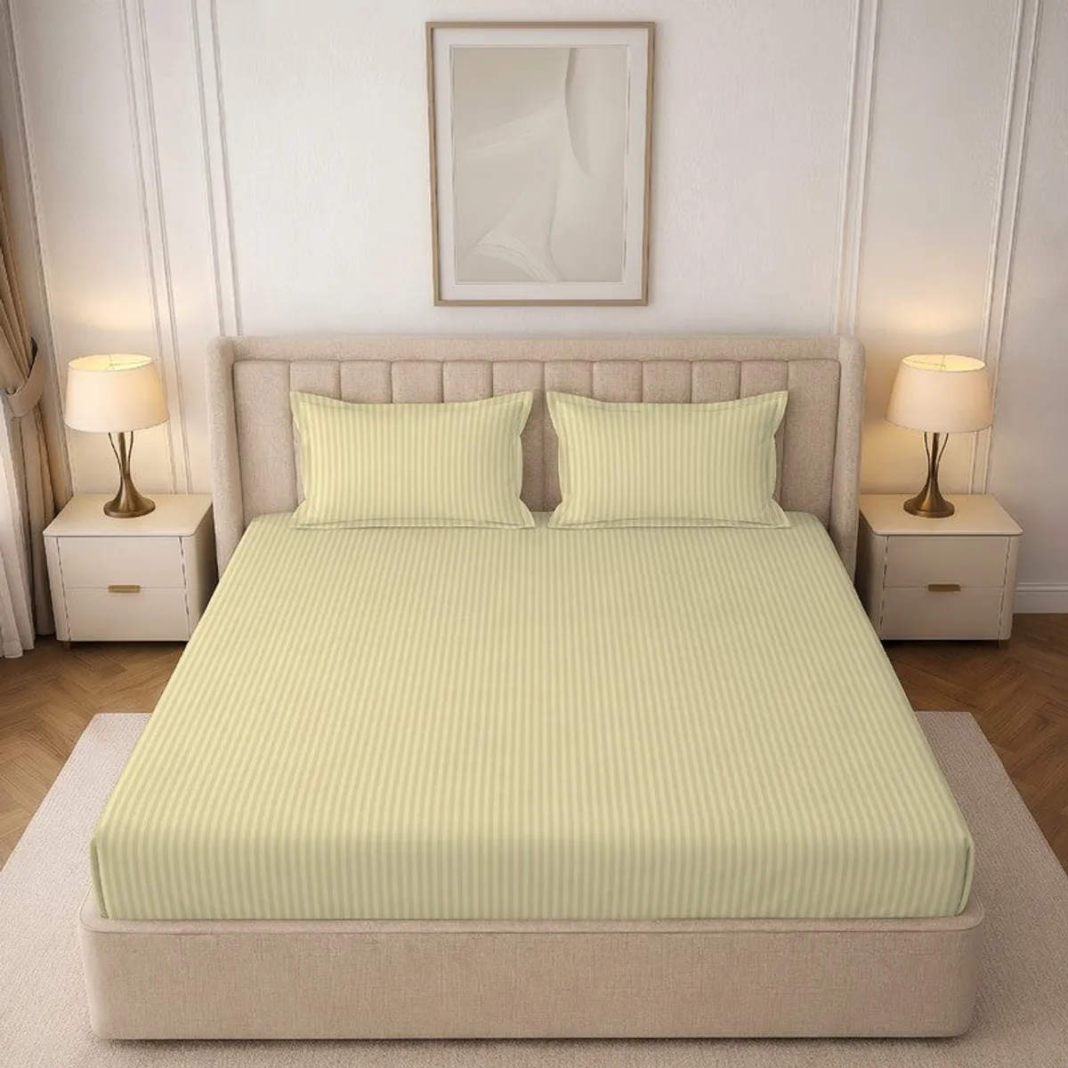 Front view of beige striped fitted bedsheet with two matching pillow covers.