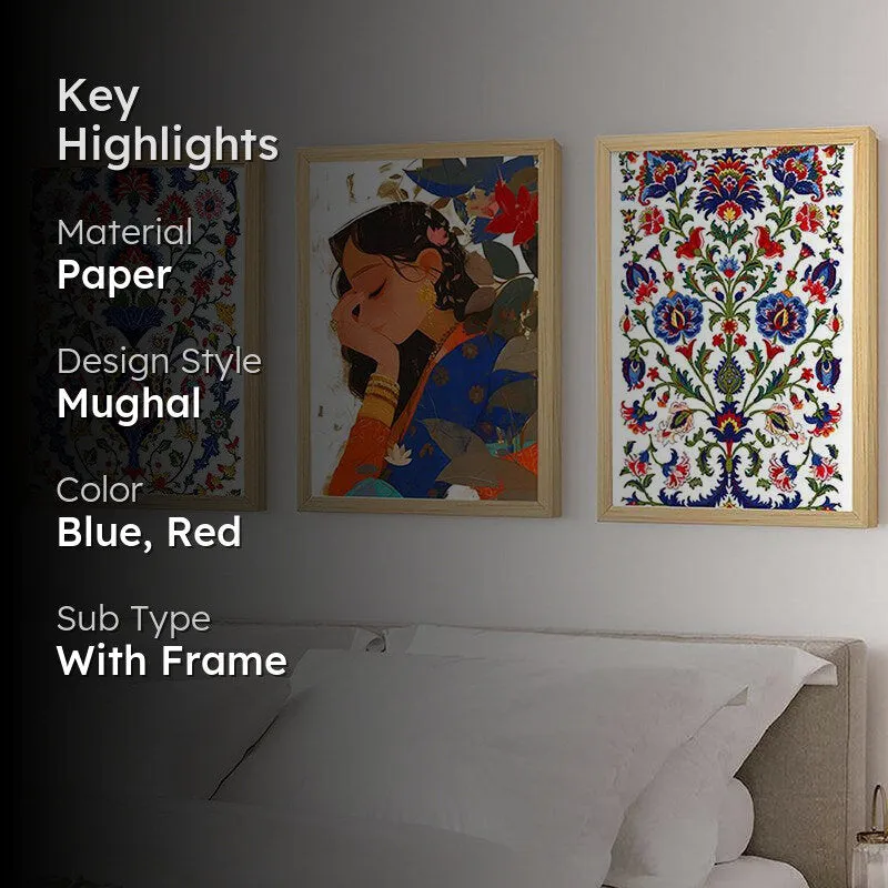 Gul Pari Mughal Paper Wall Art With Frame (Blue) - Set Of Three media 2