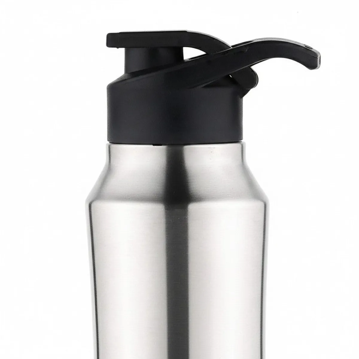 Close-up of the black sipper cap on a silver steel bottle