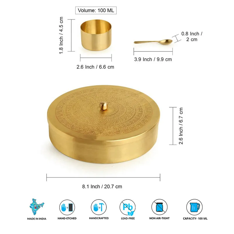 Tao Hand-Etched Brass Masala Box - 100 ML - 7