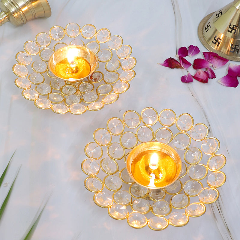 Carved Flowers Brass Diya - Set Of Two