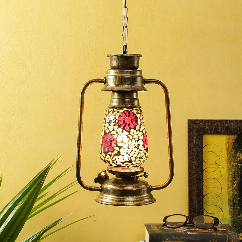 Phoolkari Mosaic Lantern Glass Ceiling Lamp - Gold media 2