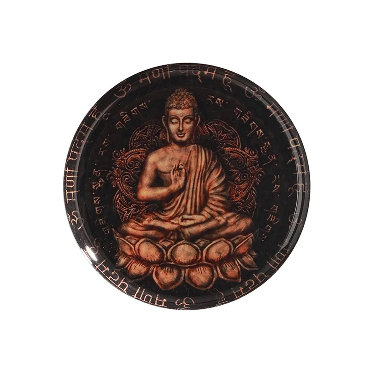 Front view of the round Buddha printed wall plate on a white background