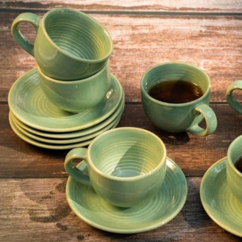Pinecrest Green Ceramic Tea Cup & Saucer Set - Elegant Set of Six media 4