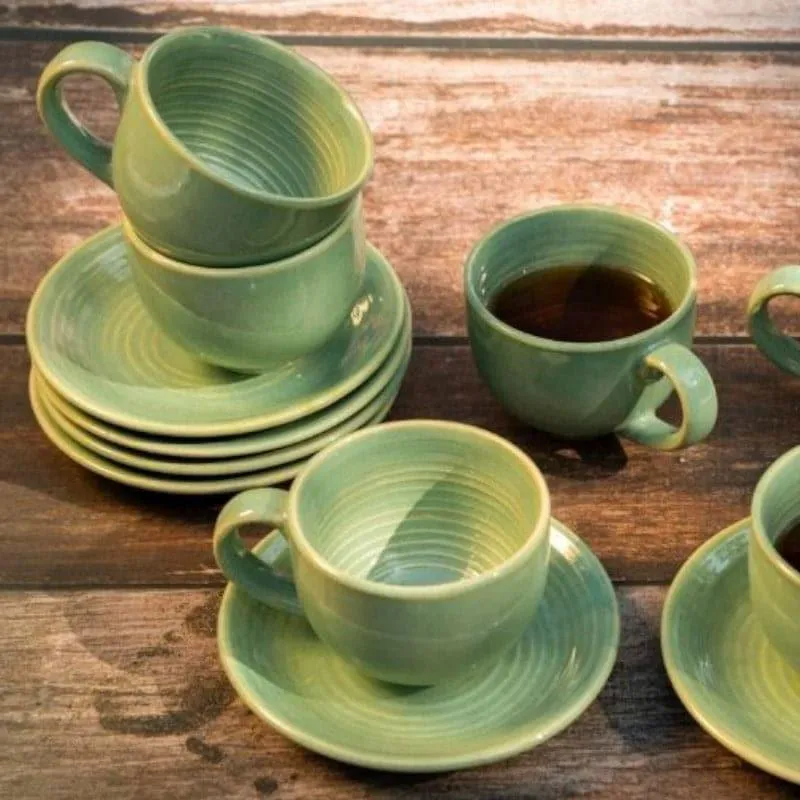 Pinecrest Green Ceramic Tea Cup & Saucer Set - Elegant Set of Six media 4