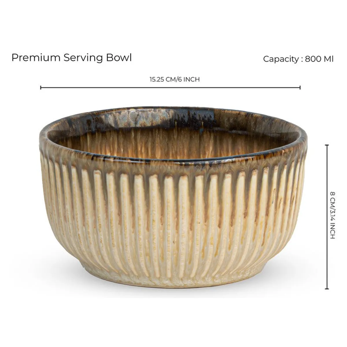 Two beige ceramic serving bowls displayed with food-safe and easy-clean icons.