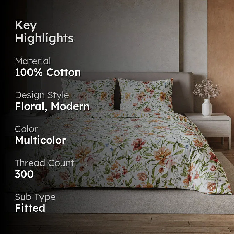 Autumn Flora Fitted Cotton Bedsheet - 300 TC media 2