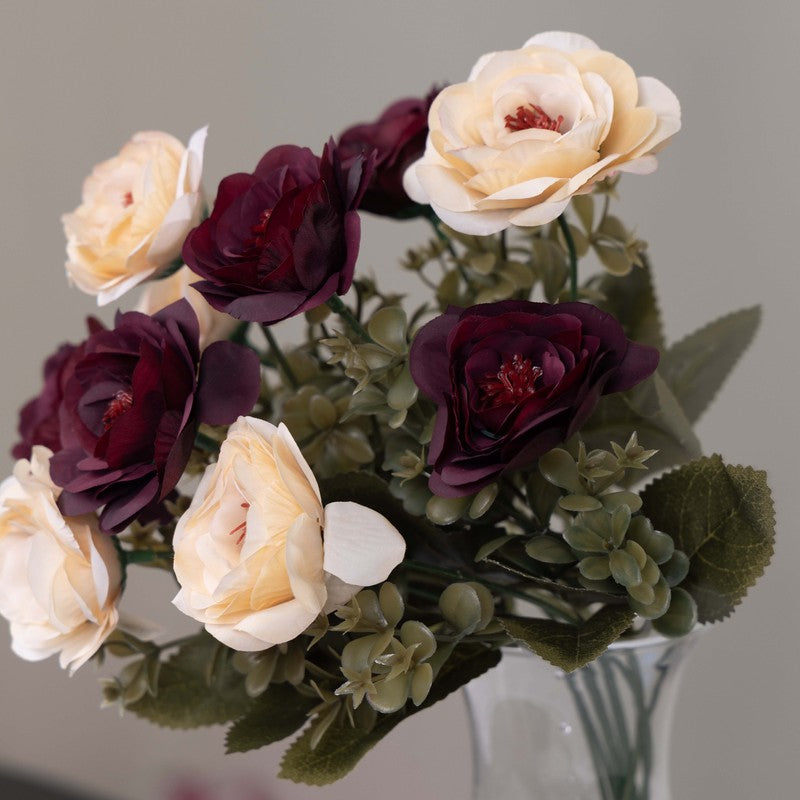 Realistic Artificial Rose Bunch - Maroon & Ivory media 4