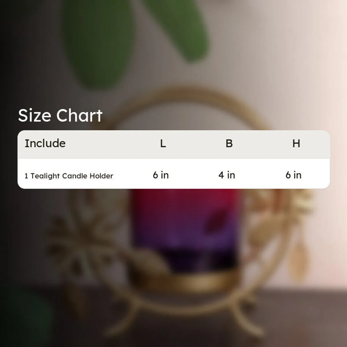 Blurred product background with size chart overlay