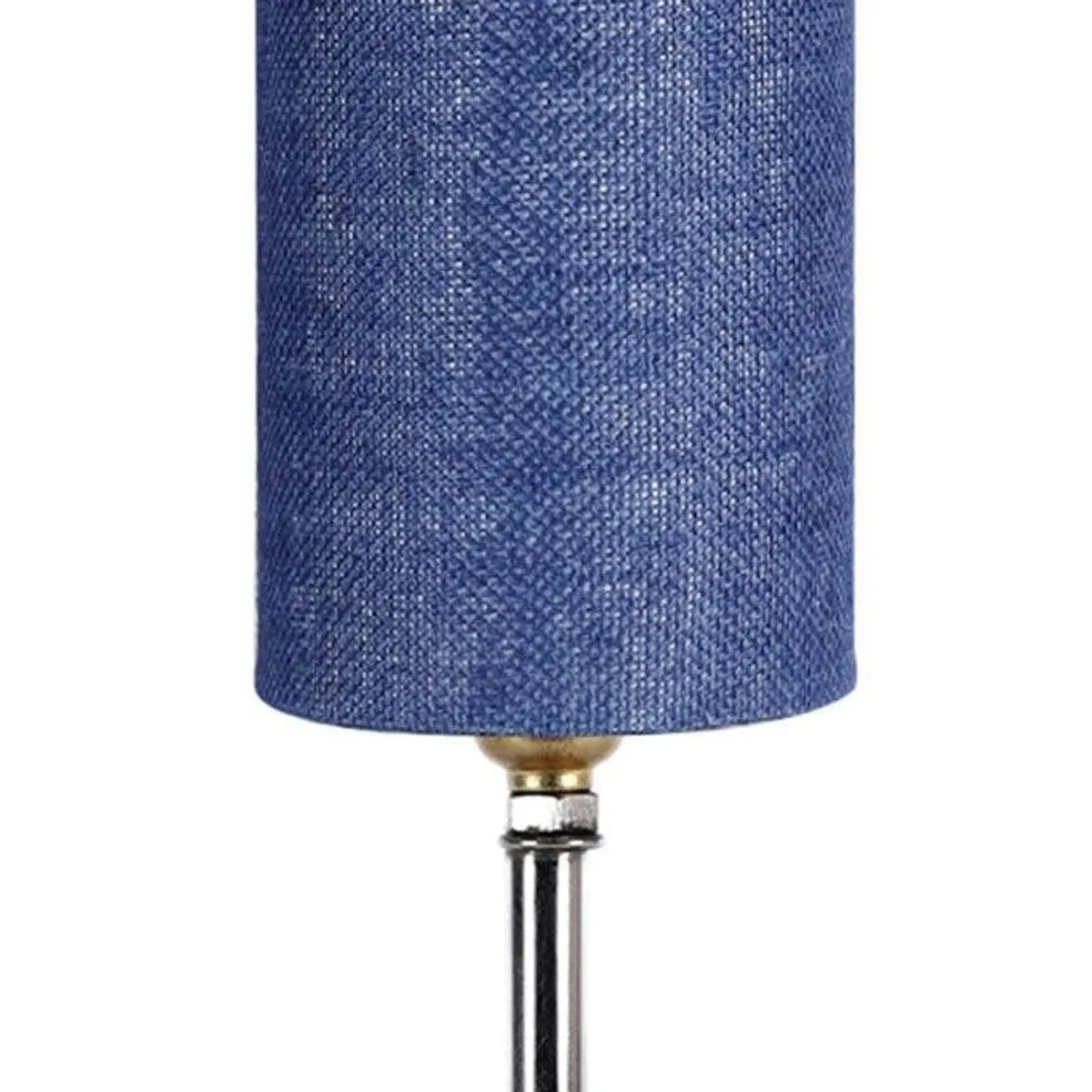 Close-up of blue textured fabric lamp shade and metal stem