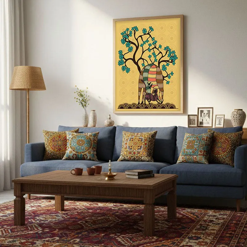 Deer And Fawn Framed Gond Canvas Archival Canvas Wall Painting - Natural Brown Frame media 4