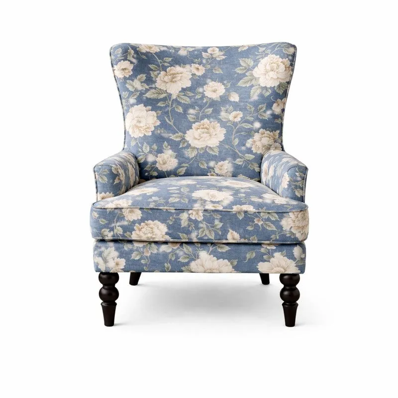 Vintage Blue Blossom Teak Wood & Velvet Printed Lounge Chair media 3