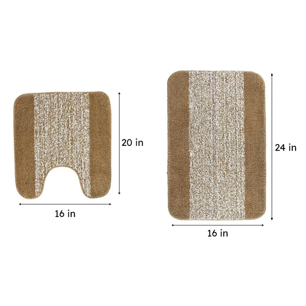 Beige bath mat and contour mat shown with dimension arrows