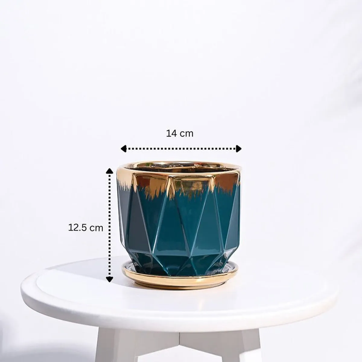 Blue and gold planter shown with visible height and width measurement markers.