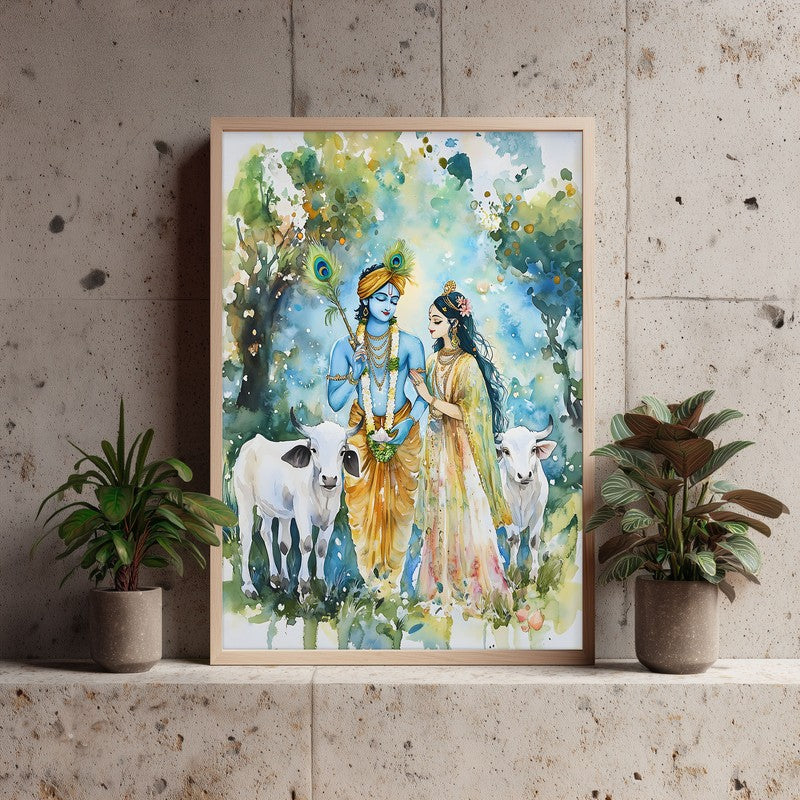 Sri Radha Krishna Spiritual Archival Paper Wall Painting - Natural Brown Frame media 4