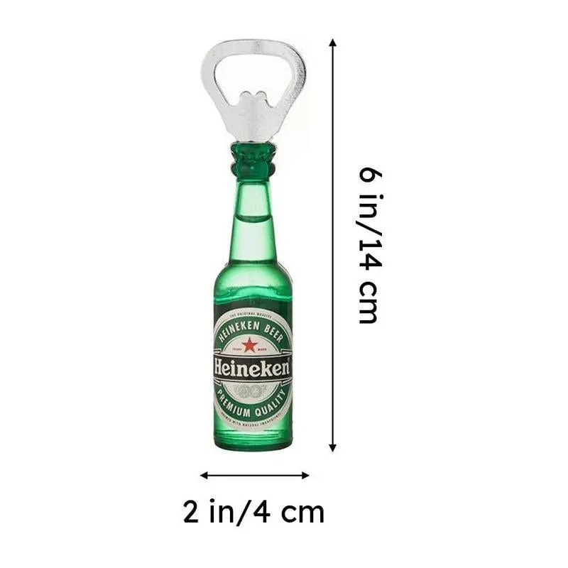 Green Heineken mini bottle opener with printed height and width markers