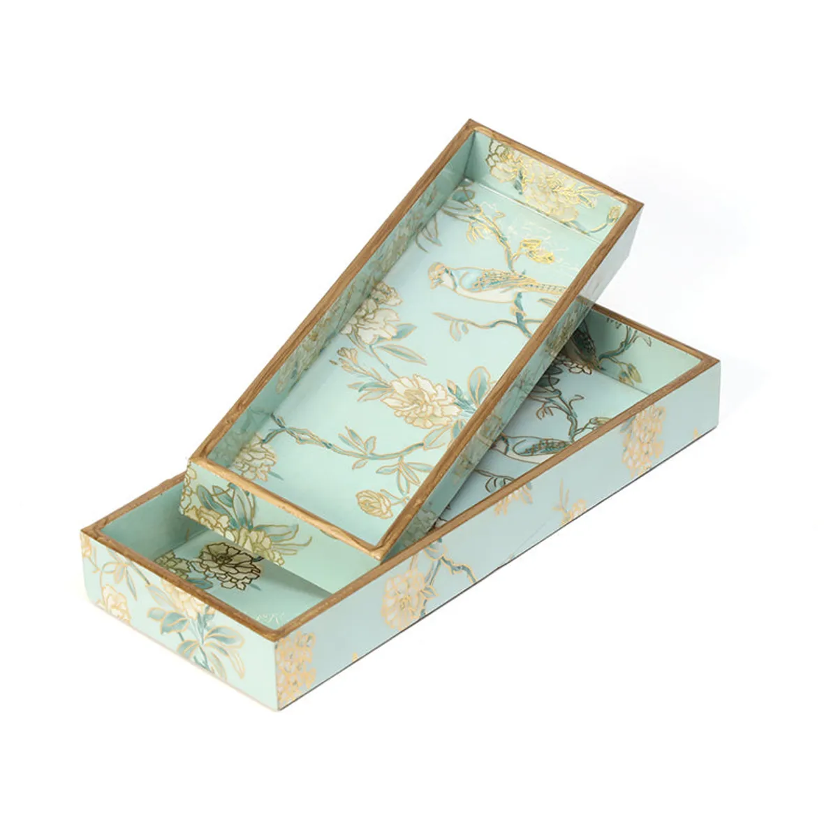 Two blue floral serving trays shown stacked at an angle, with gold-edged borders.