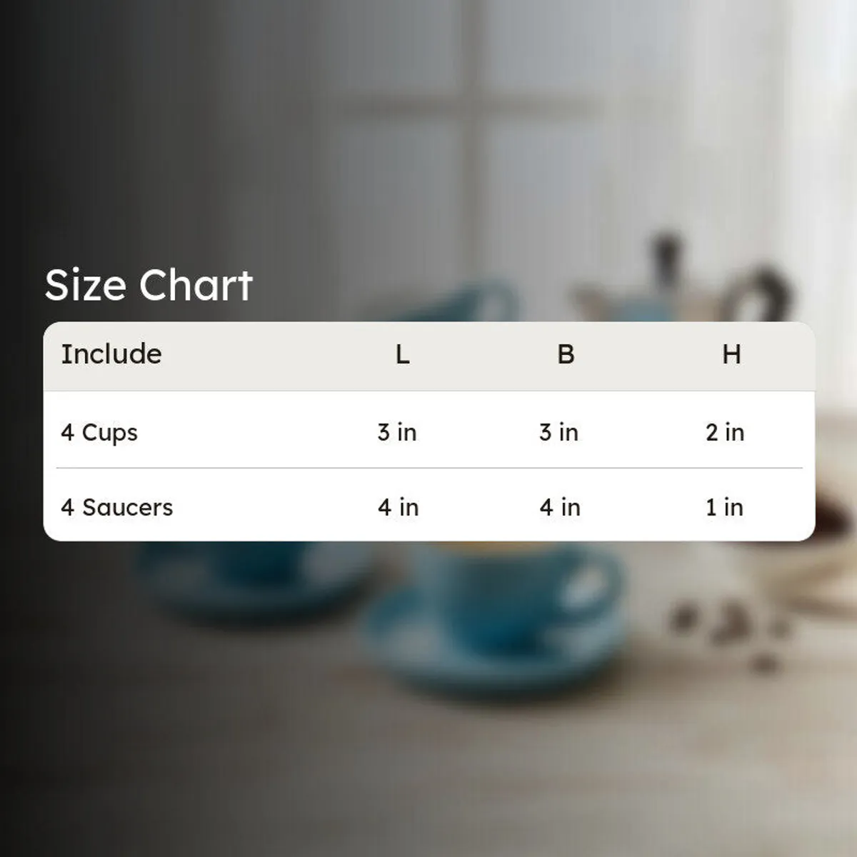 Blue cup and saucer set shown with a size and quantity chart