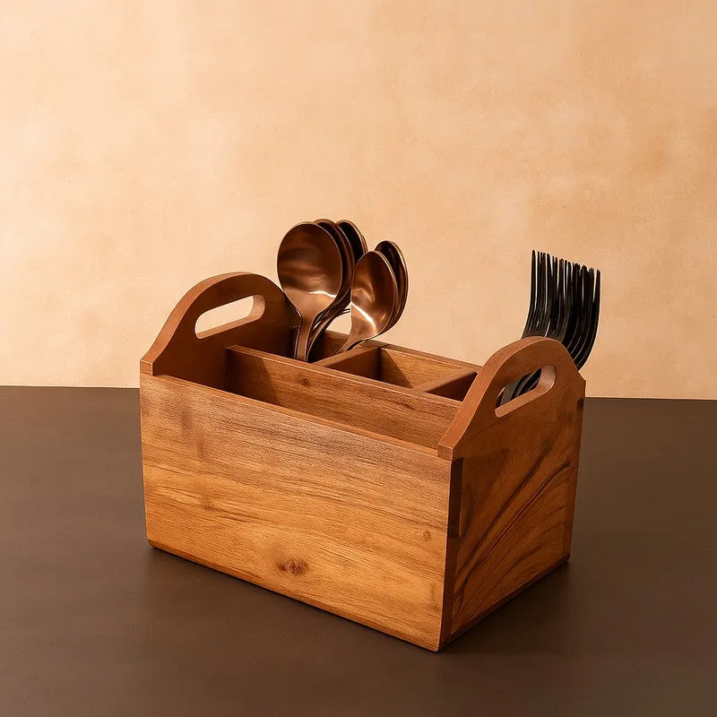 Handled Divider Acacia Wood Cutlery Stand media 1