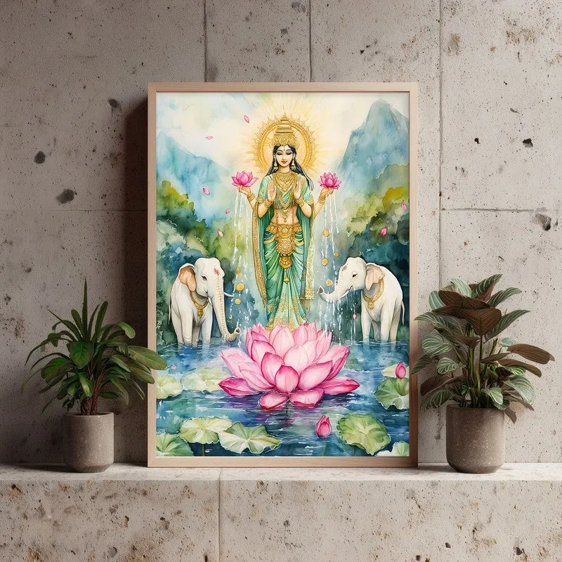 Divine Gaja Lakshmi Spiritual Archival Paper Wall Painting - Natural Brown Frame media 3