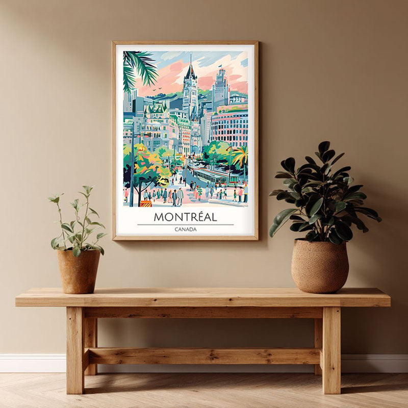 Vintage Montreal Framed Canvas Archival Canvas Wall Painting - Natural Brown Frame