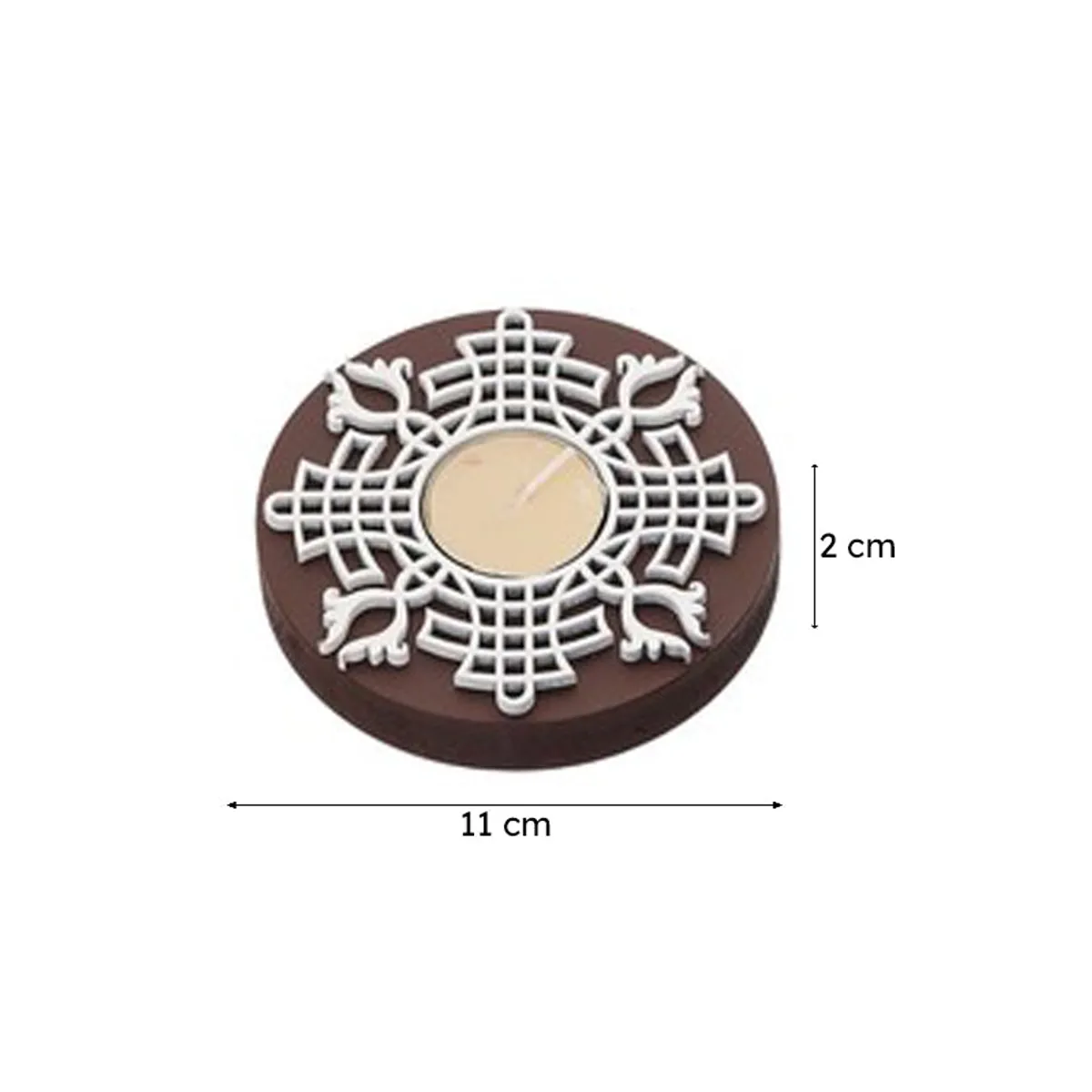 Single round brown and white tea light holder shown from above