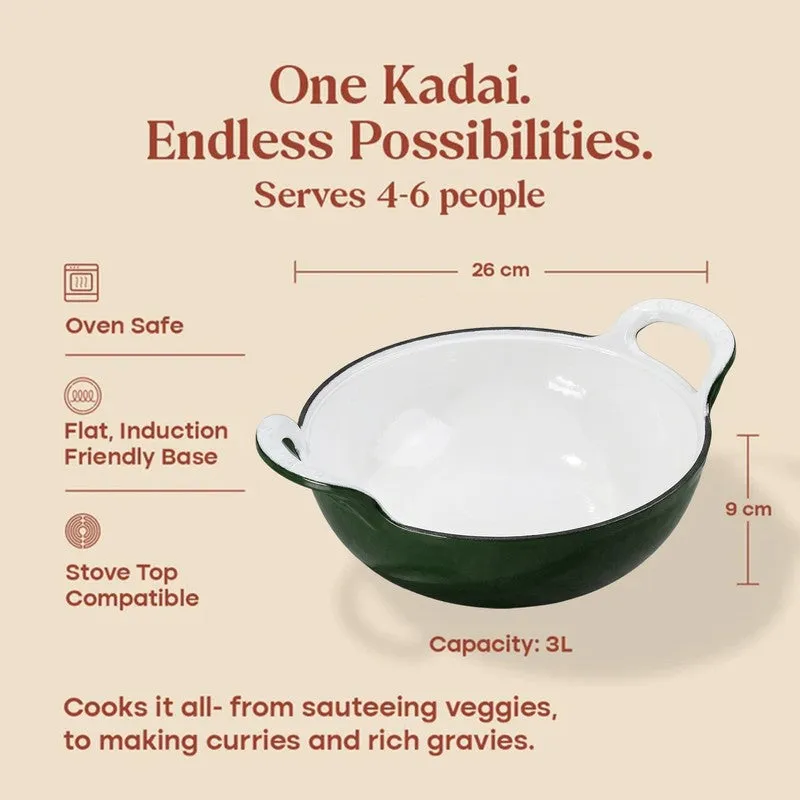 Cumin Co Enamel Cast Iron Kadhai With Lid (3200 mL) - Green media 10
