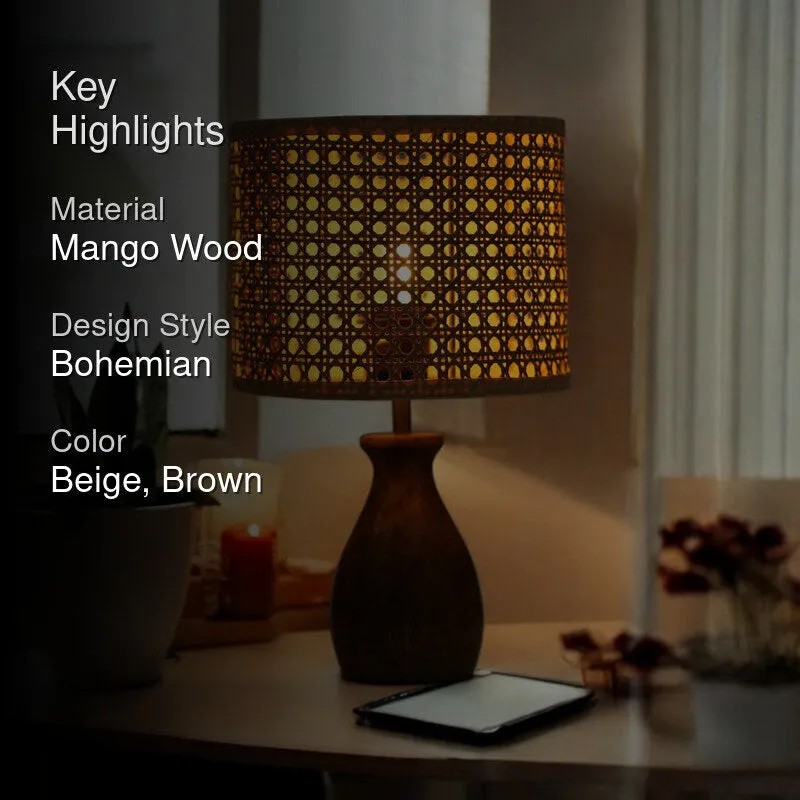 SoftLit Rattan Mango Wood Table Lamp - Beige,Brown media 2