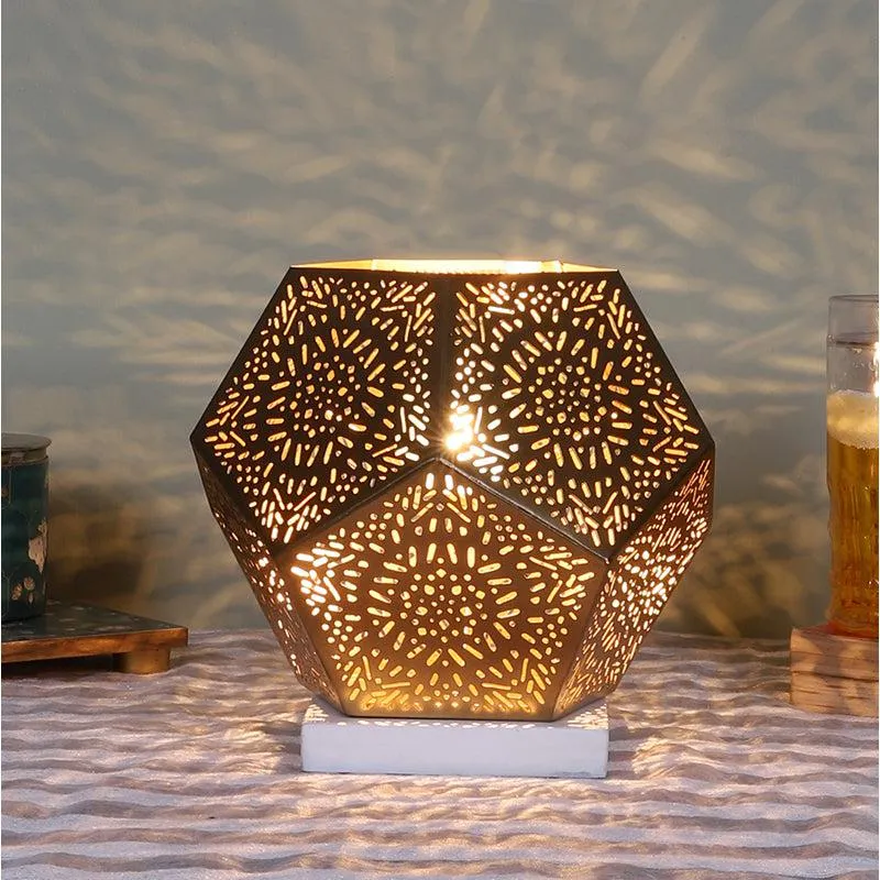 Hexa Flora Etched Metal Table Lamp With White Base - Gold media 1
