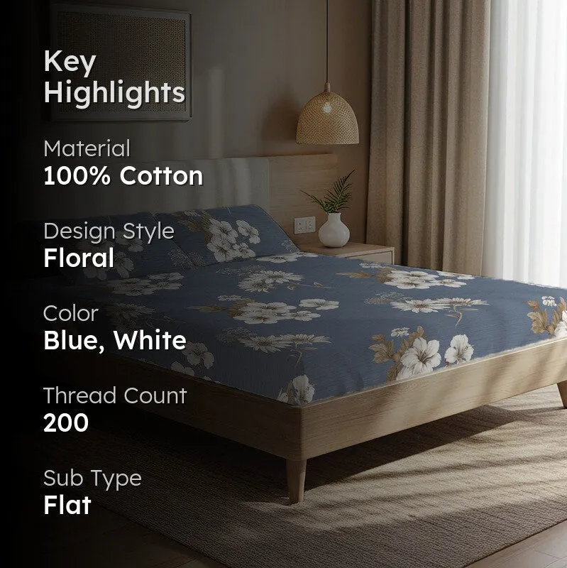 Ocean Petals Floral Cotton Bedsheets (Blue & White) - 200 TC media 2
