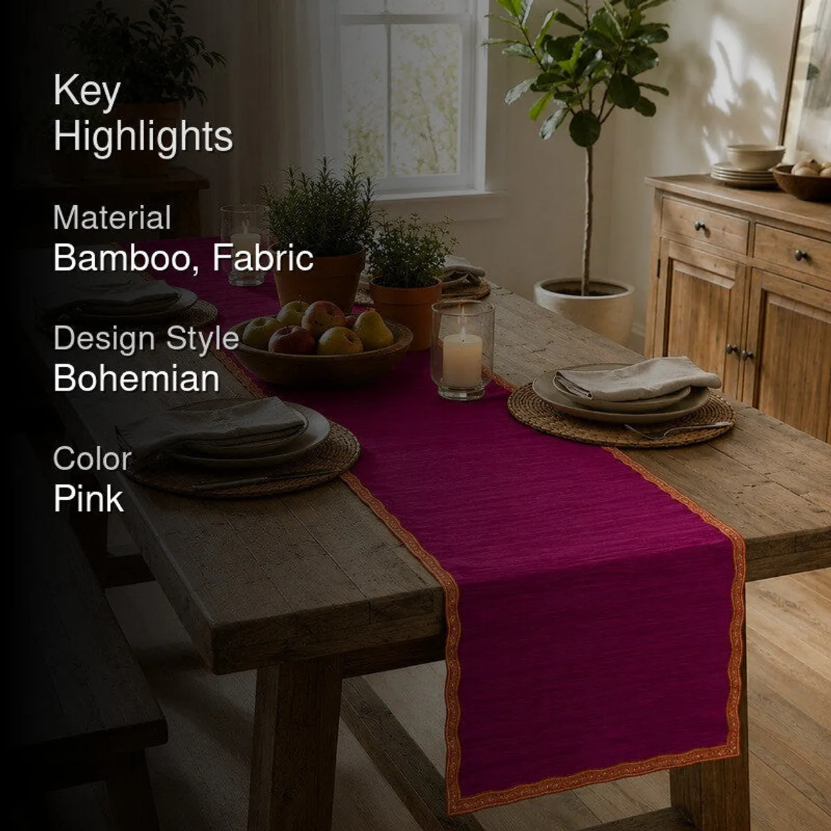 Pink table runner styled on a rustic dining table in a bright room