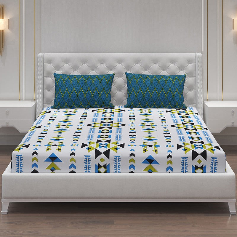 Monte Carlo Magique Angle Cotton Bedsheet (White,Blue) - 104 TC media 3