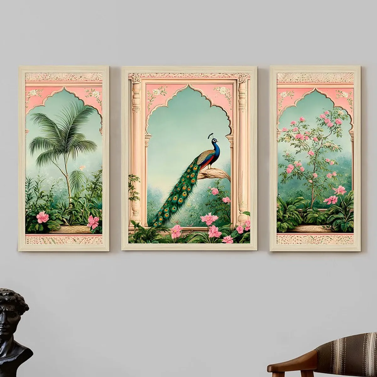Set of three framed wall art panels with palm, peacock and flowering tree motifs