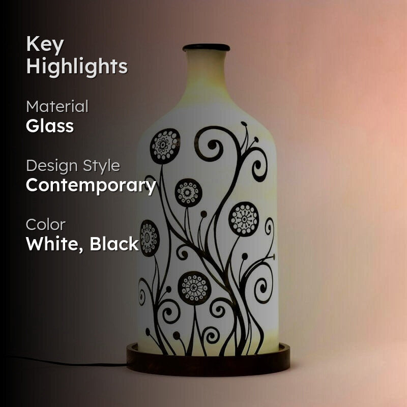 Swirl Art Hand Painted Glass Table Lamp - White,Black media 2