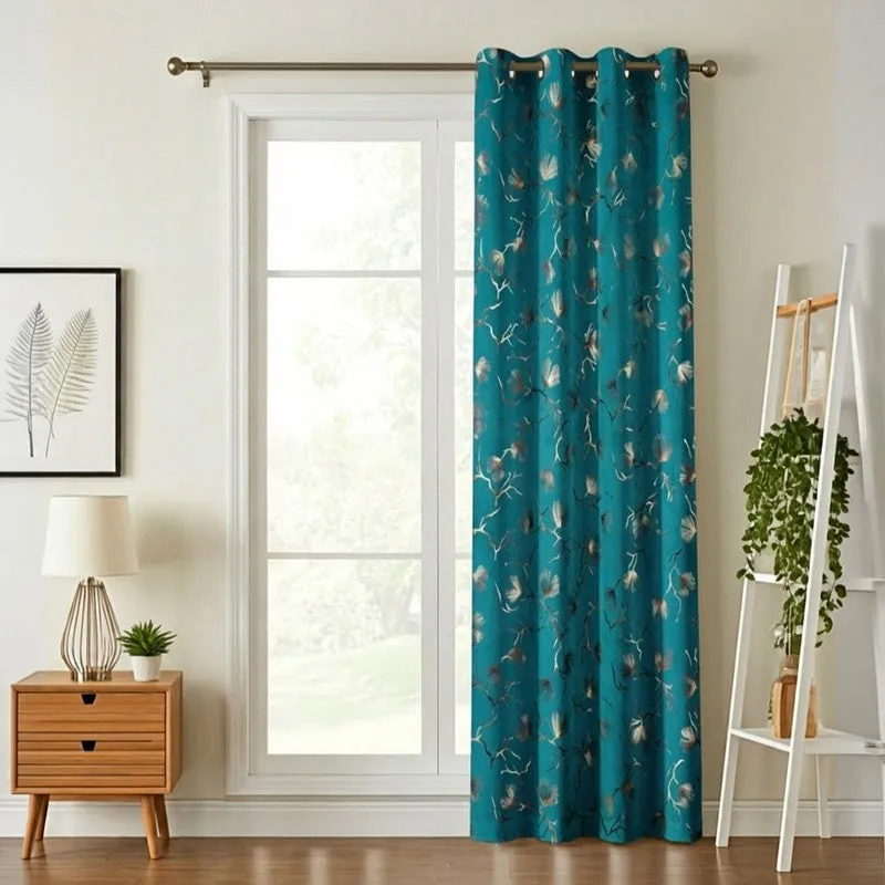 Soft Edge Printed Velvet Curtain - Teal,Gold media 1
