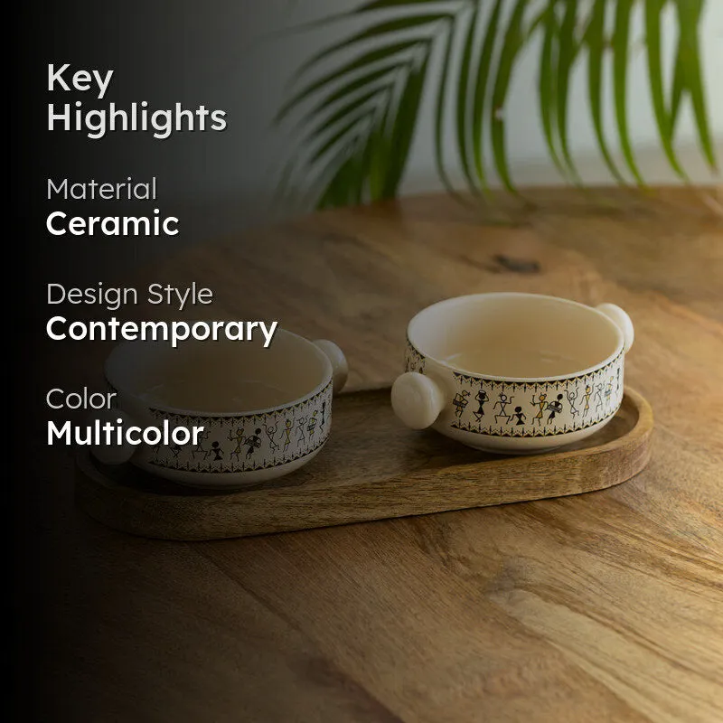 Warli Whirls Handcrafted Ceramic Bowl with Tray (400 ML) - Three Piece Set media 2