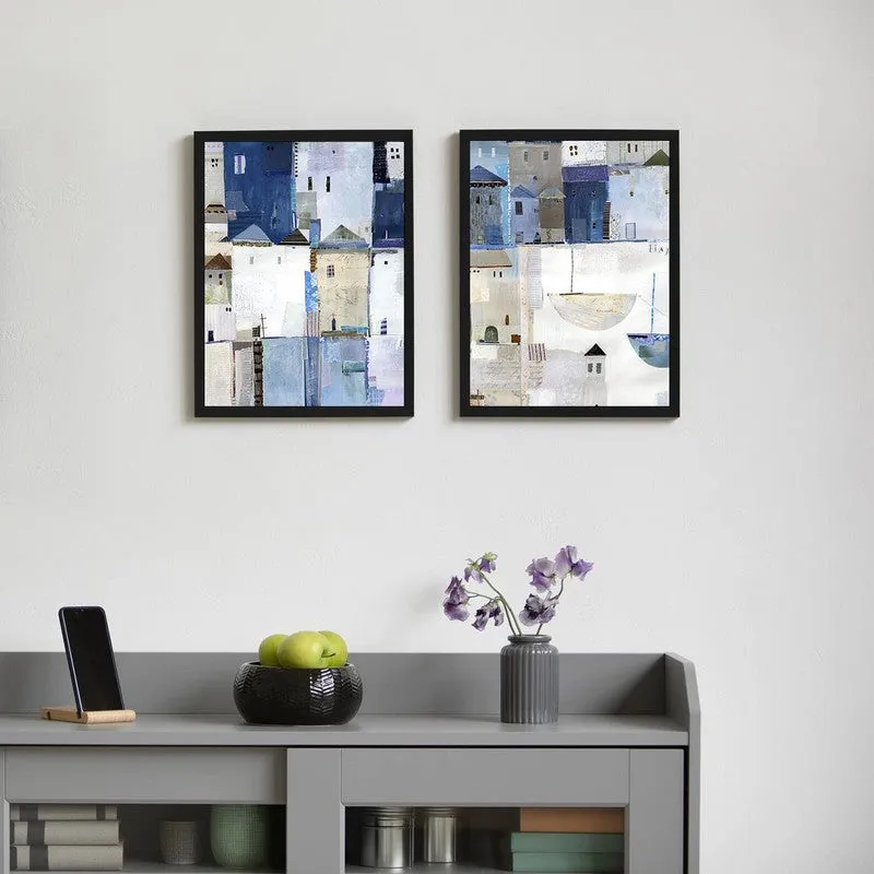 Blue Facades Paper Wall Painting With MDF Frame - Set Of Two media 4
