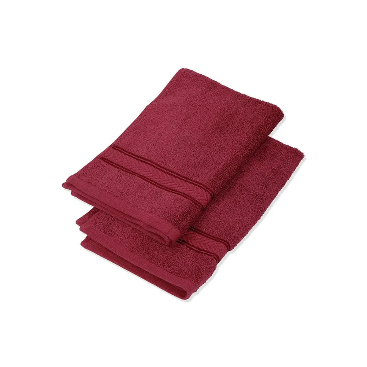 Two red cotton hand towels folded and layered