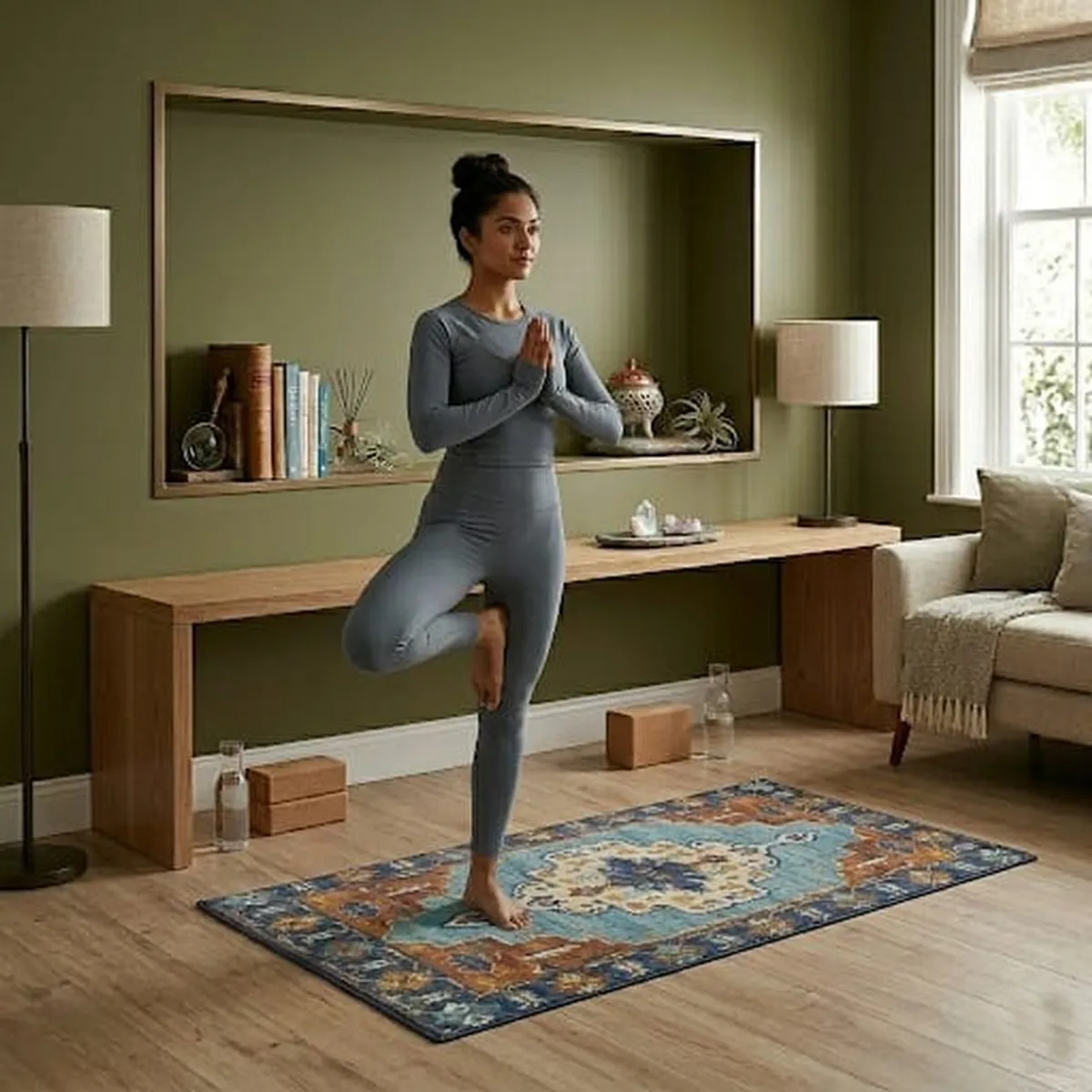 Blue and orange carpet shown in a bright room beneath a person