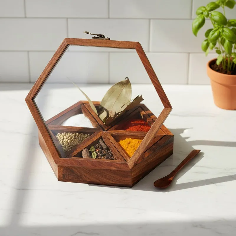 Pantry Sheesham Wood Hexagon Masala Box - Eight Piece Set media 1