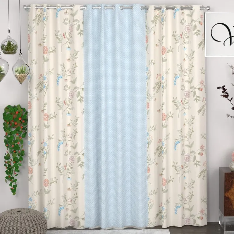 Front view of Beige floral room darkening curtains with eyelet hanging