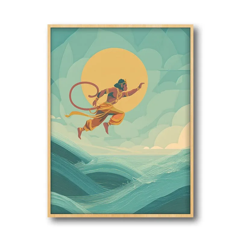 Bajrangbali Flying Over Sea Archival Paper Wall Art - Natural Brown Frame media 5