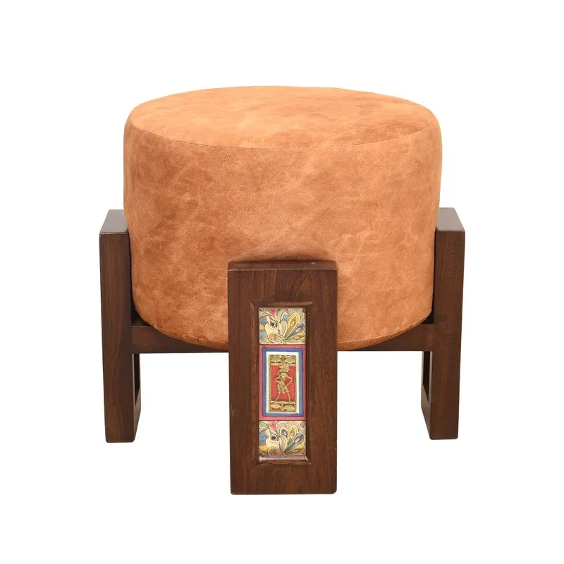 Suede Teak Wood Pouffe - Orange media 3