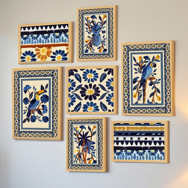 Blue Indian Floral Charm Wall Art - Set of Seven media 1
