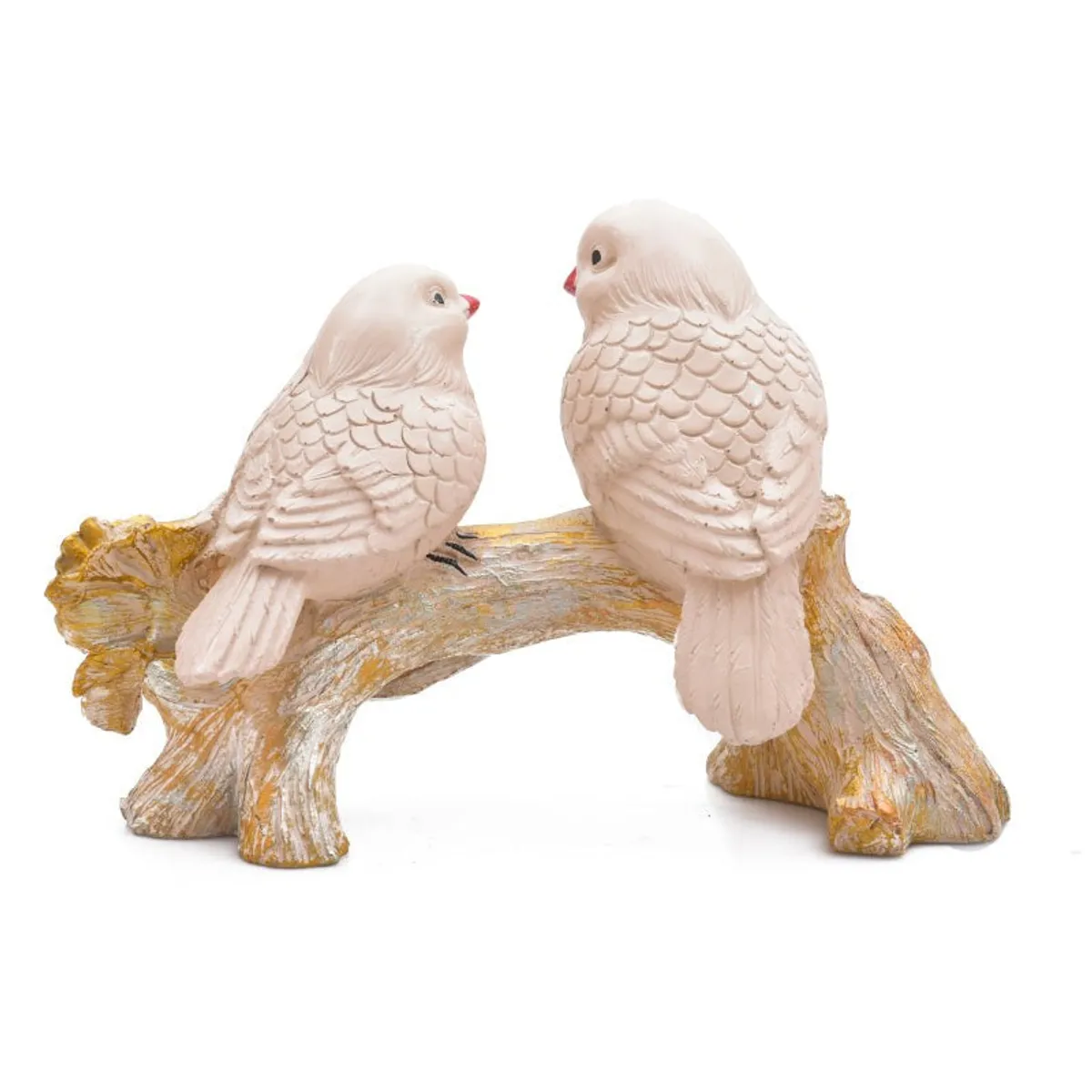 Rear view of two white bird figures perched on a branching gold-toned base.