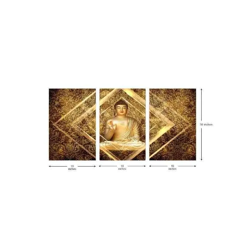 Three-panel Buddha wall art with measurement arrows shown on a white background.