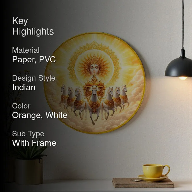 Round Surya Dev wall art in a dim interior with key highlights text overlay