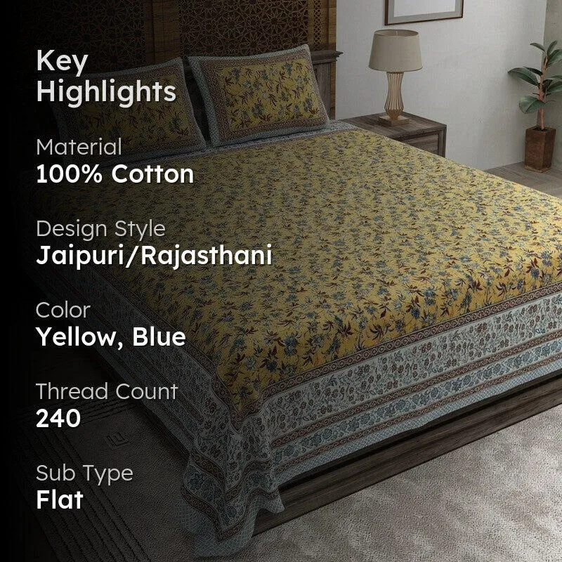 Florava Cotton Bedsheet (Yellow,Blue) - 240 TC media 2